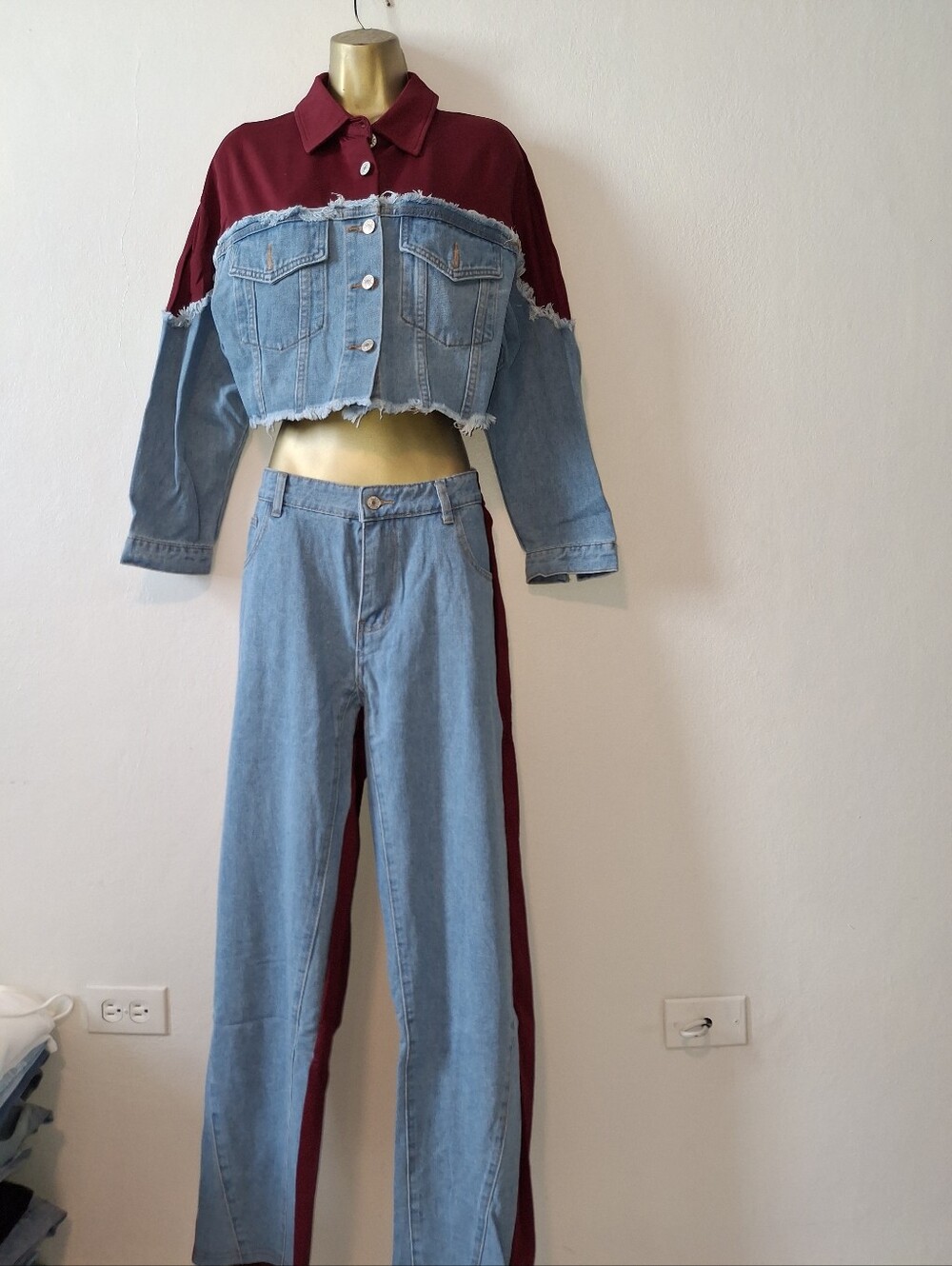 Two-Tone Straight Leg Jeans with Burgundy Side Stripe